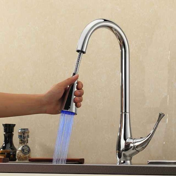 Deck Mounted Kitchen Faucet,LED Single Handle One Hole Chrome Pull-out ­High Arc Contemporary Kitchen Taps with Hot and Cold Water