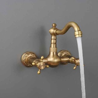 Traditional Kitchen Sink Mixer Taps Wall Mounted Brass, Vintage Retro Kitchen Faucet Twin Lever Standard Spout Vessel Tap