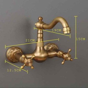 Traditional Kitchen Sink Mixer Taps Wall Mounted Brass, Vintage Retro Kitchen Faucet Twin Lever Standard Spout Vessel Tap