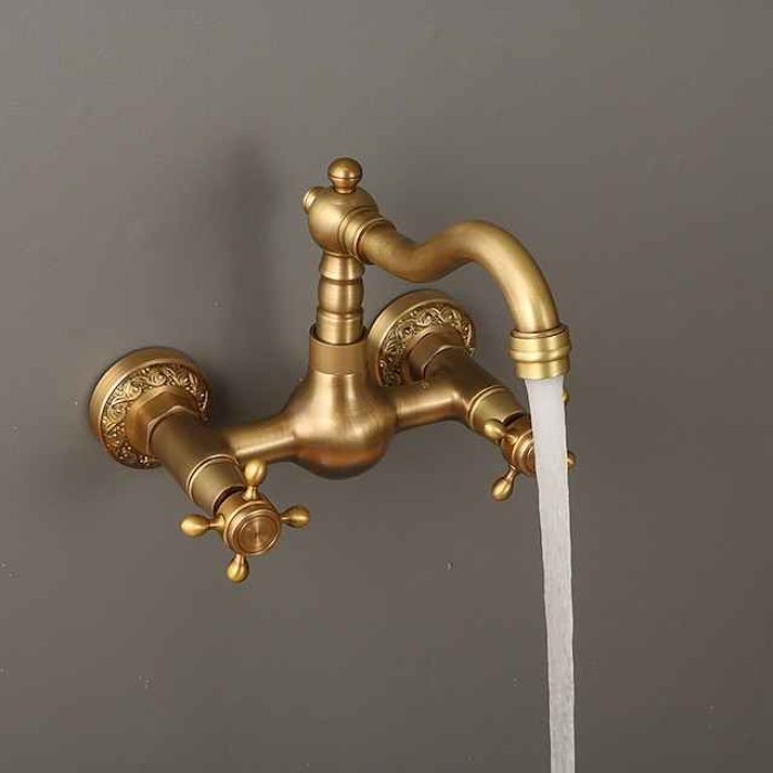 Traditional Kitchen Sink Mixer Taps Wall Mounted Brass, Vintage Retro Kitchen Faucet Twin Lever Standard Spout Vessel Tap