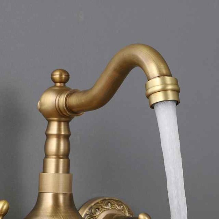 Traditional Kitchen Sink Mixer Taps Wall Mounted Brass, Vintage Retro Kitchen Faucet Twin Lever Standard Spout Vessel Tap