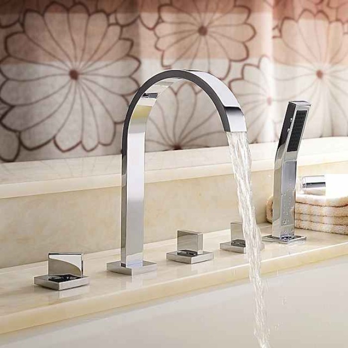 Bathtub Faucet Deck Mounted, Bathroom Faucet Bath Roman Tub Filler Mixer Tap Brass with Handheld, 5 Hole 3 Handle Sprayer with Cold Hot Water Hose