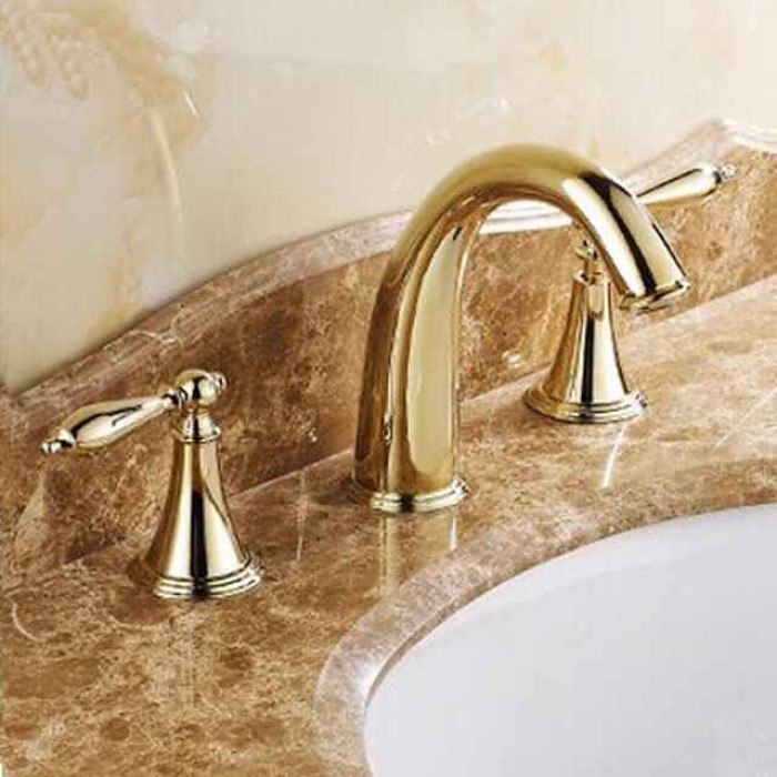 Brass Bathroom Sink Faucet,Widespread Two Handles Three Holes Bathroom Faucet with Valve and Hot/Cold Switch