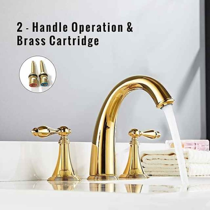 Brass Bathroom Sink Faucet,Widespread Two Handles Three Holes Bathroom Faucet with Valve and Hot/Cold Switch