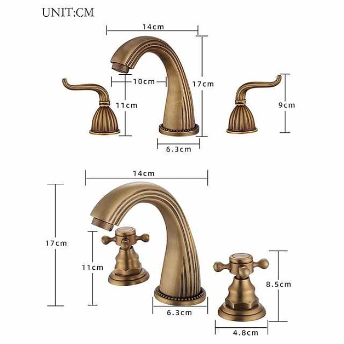 Widespread Bathroom Sink Mixer Faucet, Vintage Brass 3 Hole 2 Handles Basin Taps, Retro Style Bathroom Tap Contain with Cold and Hot Water Hose