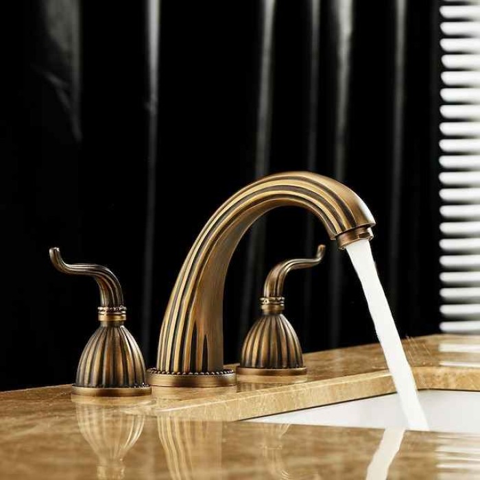 Widespread Bathroom Sink Mixer Faucet, Vintage Brass 3 Hole 2 Handles Basin Taps, Retro Style Bathroom Tap Contain with Cold and Hot Water Hose