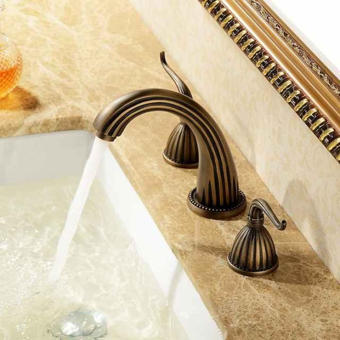 Widespread Bathroom Sink Mixer Faucet, Vintage Brass 3 Hole 2 Handles Basin Taps, Retro Style Bathroom Tap Contain with Cold and Hot Water Hose