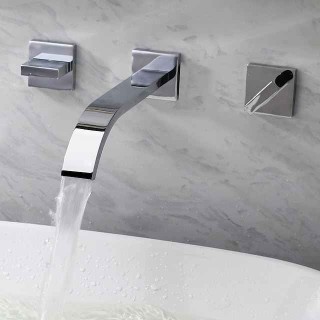 Wall Mounted Bathroom Sink FaucetSilvery Widespread Chrome Two Handles Three Holes Bath Taps with Hot and Cold Water