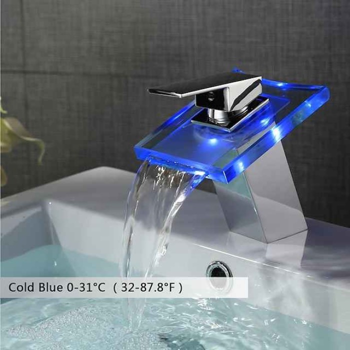 LED Bathroom Sink Faucet,Brass Waterfall 3-color Temperature Controlled Glass Spout Contemporary Style Chrome Finish Single Handle One Hole with Hot and Cold Switch