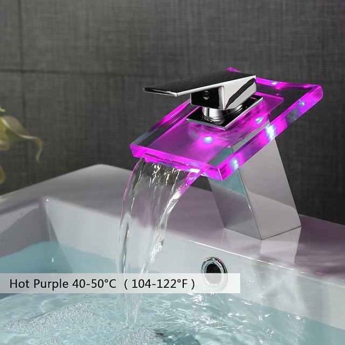 LED Bathroom Sink Faucet,Brass Waterfall 3-color Temperature Controlled Glass Spout Contemporary Style Chrome Finish Single Handle One Hole with Hot and Cold Switch