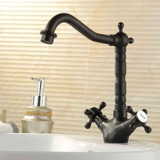 Copper Bathroom Sink Faucet,Black Deck Mounted Rotatable Faucet Set,Oil-rubbed Two Handles One Hole Bath Taps with Hot and Cold Switch