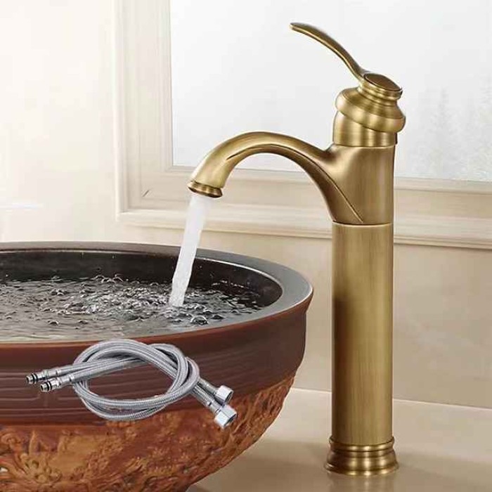 Bathroom Sink Faucet,Antique Brass Traditional Style Single Handle One Hole Bath Taps with Hot and Cold Switch and Ceramic Valve