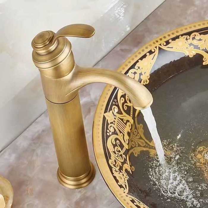 Bathroom Sink Faucet,Antique Brass Traditional Style Single Handle One Hole Bath Taps with Hot and Cold Switch and Ceramic Valve