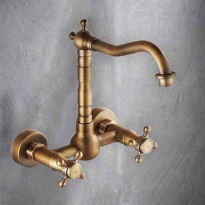 Vintage Kitchen Sink Mixer Faucet Wall Mounted, 360 Swivel Spout Retro Style Brass 2 Handle 2 Hole Vessel Taps, Traditional Kitchen Taps with Hot and Cold Water Hose