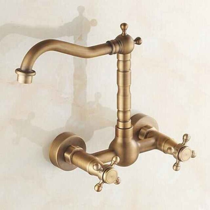 Vintage Kitchen Sink Mixer Faucet Wall Mounted, 360 Swivel Spout Retro Style Brass 2 Handle 2 Hole Vessel Taps, Traditional Kitchen Taps with Hot and Cold Water Hose