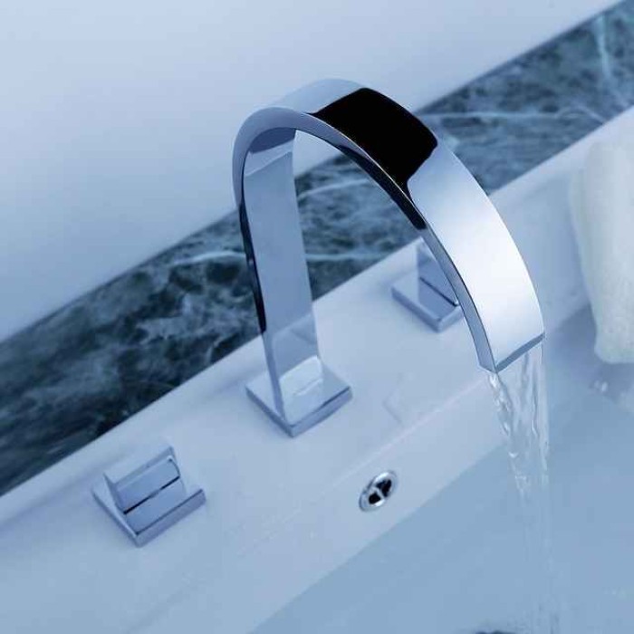 Copper Bathroom Sink Faucet,Widespread Chrome Two Handles Three Holes Bath Taps with Hot and Cold Switch and Valve