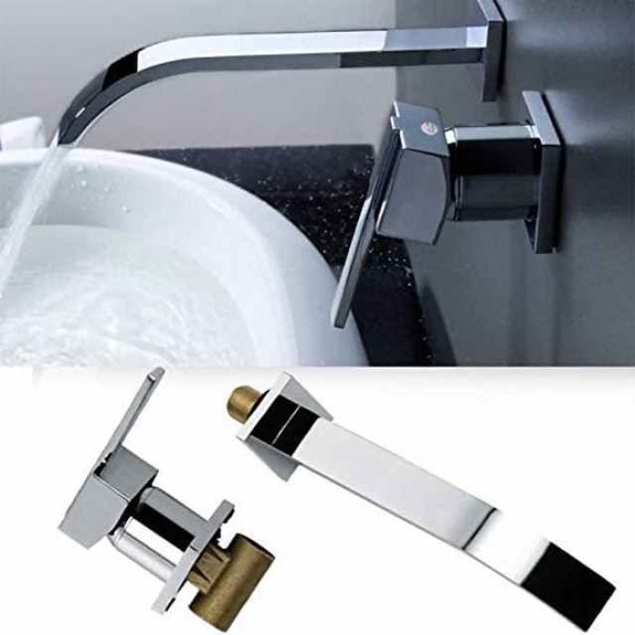 Bathroom Sink Faucets,Brass Waterfall Modern Style Wall Mount Single Handle Two Holes Chrome Finish Bath Tap with Cold and Hot Switch