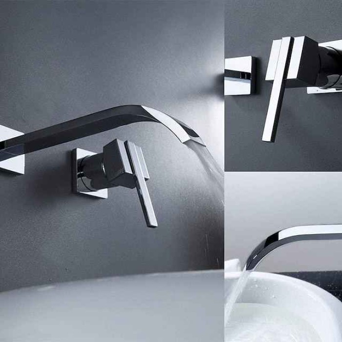 Bathroom Sink Faucets,Brass Waterfall Modern Style Wall Mount Single Handle Two Holes Chrome Finish Bath Tap with Cold and Hot Switch