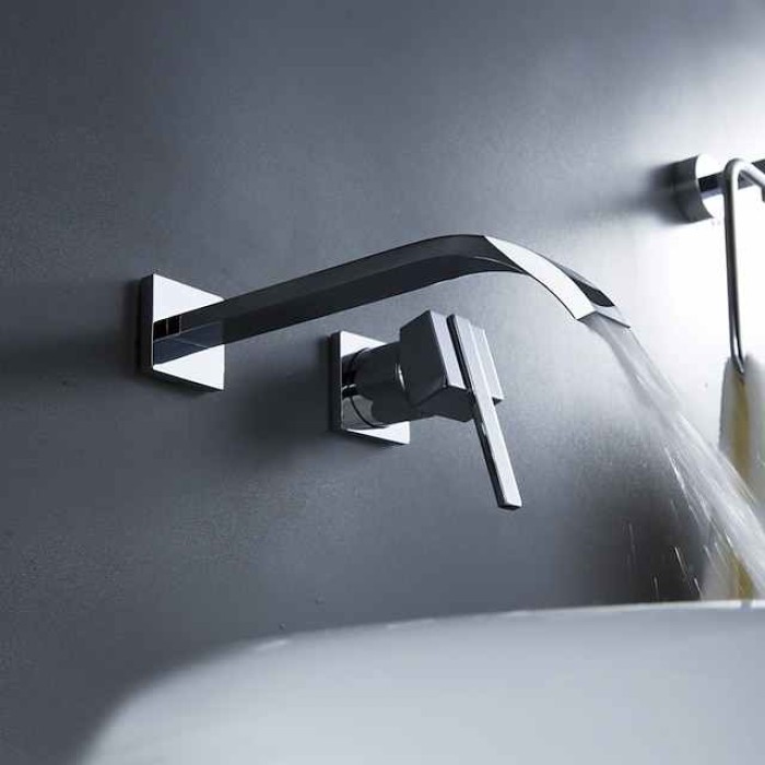 Bathroom Sink Faucets,Brass Waterfall Modern Style Wall Mount Single Handle Two Holes Chrome Finish Bath Tap with Cold and Hot Switch