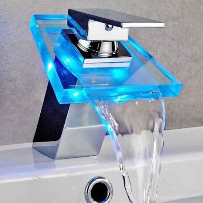 Waterfall Bathroom Sink Mixer Faucet Chrome, Led Faucet Lights Color Changing Battery Powered, Single Hole Single Handle Basin Taps, Brass Washroom Facuet with Glass Spout