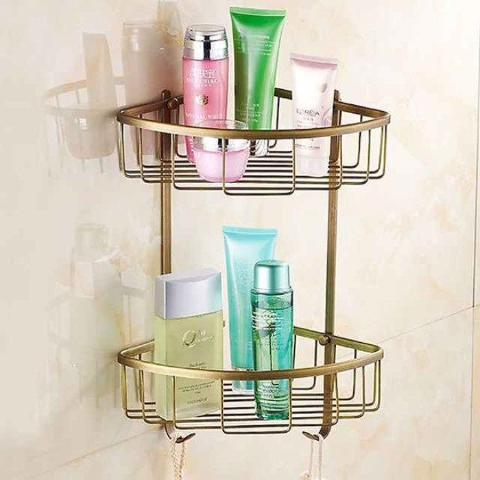 Bathroom Shelf Standing, Bathroom Shelf Corner Basket Antique Brass Shower Caddy for Shampoo Soap Hair Dryer Holder Triangle Shelves Wall Mounted Basket Rack Shower