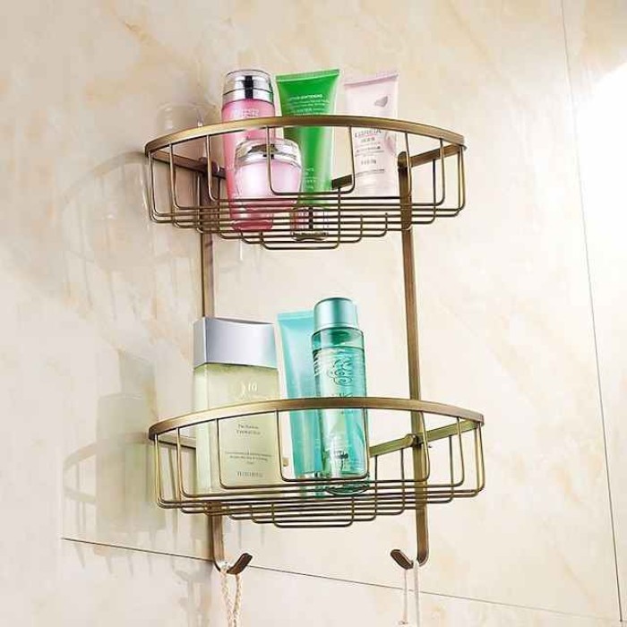 Bathroom Shelf Standing, Bathroom Shelf Corner Basket Antique Brass Shower Caddy for Shampoo Soap Hair Dryer Holder Triangle Shelves Wall Mounted Basket Rack Shower