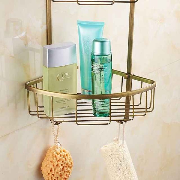 Bathroom Shelf Standing, Bathroom Shelf Corner Basket Antique Brass Shower Caddy for Shampoo Soap Hair Dryer Holder Triangle Shelves Wall Mounted Basket Rack Shower