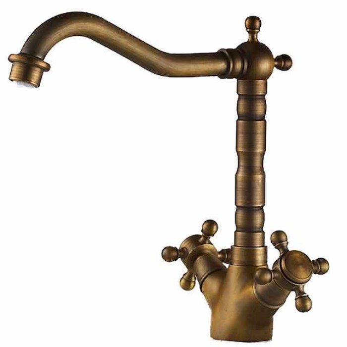 Antique Brass Kitchen Faucet,Two Handles One Hole Standard Spout Deck Mounted Traditional Kitchen Taps with Hot and Cold Switch