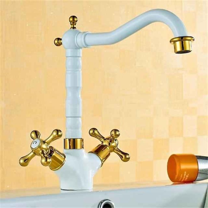 Antique Brass Kitchen Faucet,Two Handles One Hole Standard Spout Deck Mounted Traditional Kitchen Taps with Hot and Cold Switch