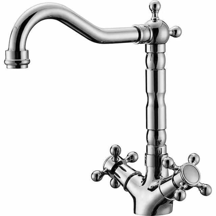 Antique Brass Kitchen Faucet,Two Handles One Hole Standard Spout Deck Mounted Traditional Kitchen Taps with Hot and Cold Switch