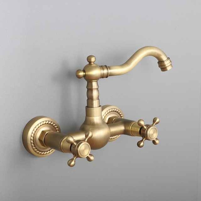 Bathroom Sink Faucet,Two Handles Golden Wall Mount Two Holes Retro Style Standard Spout Bathroom Sink Faucet with Cold and Hot Switch