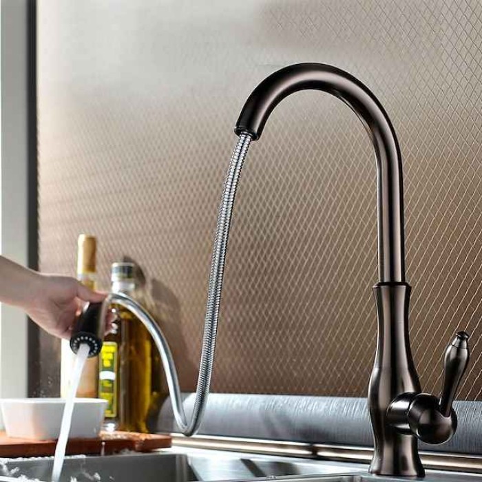 Kitchen Sink Mixer Faucet with Pull Out Sprayer, 360 Swivel Brass Single Handle Vessel Taps 2 Modes Standard Spout Deck Mounted, Traditional Kitchen Taps with Hot and Cold Water Hose Oil-rubbed Bronze