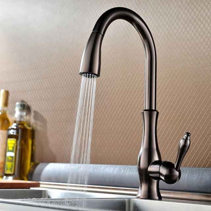 Kitchen Sink Mixer Faucet with Pull Out Sprayer, 360 Swivel Brass Single Handle Vessel Taps 2 Modes Standard Spout Deck Mounted, Traditional Kitchen Taps with Hot and Cold Water Hose Oil-rubbed Bronze