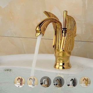 Vintage Bathroom Sink Mixer Faucet Brass Swan Shap, Monobloc Washroom Basin Taps Single Handle One Hole Deck Mounted, Mono Water Vessel Tap Hot and Cold Hose Antique