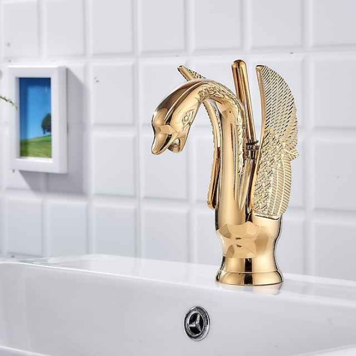 Vintage Bathroom Sink Mixer Faucet Brass Swan Shap, Monobloc Washroom Basin Taps Single Handle One Hole Deck Mounted, Mono Water Vessel Tap Hot and Cold Hose Antique