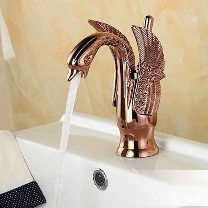 Vintage Bathroom Sink Mixer Faucet Brass Swan Shap, Monobloc Washroom Basin Taps Single Handle One Hole Deck Mounted, Mono Water Vessel Tap Hot and Cold Hose Antique