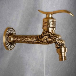 Outdoor Faucet,Single Handle Bathroom Faucet Goldon Dragon Head Wall Mounted One Hole Retro Brass Faucet Body With Cold Water Only