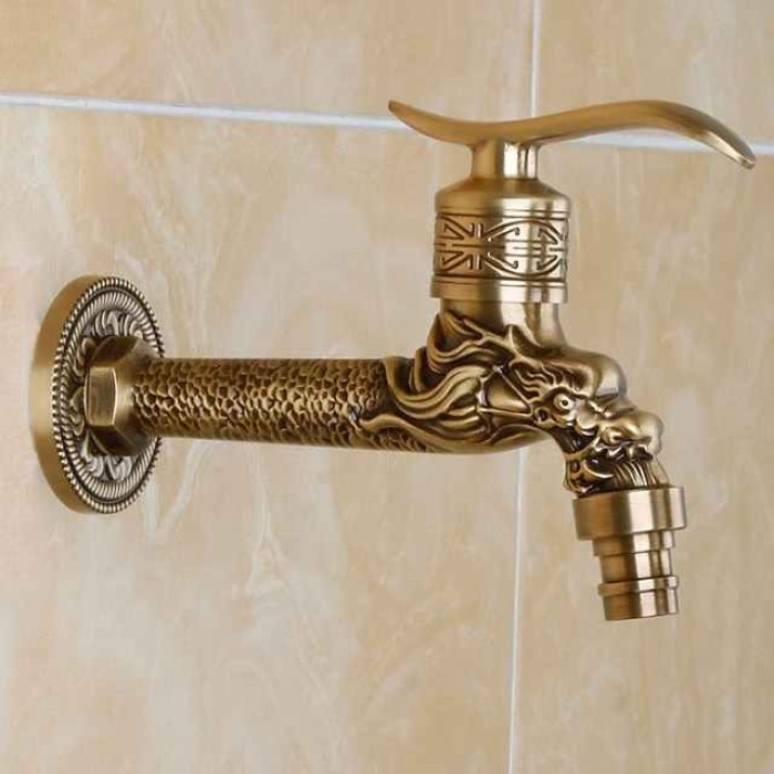 Outdoor Faucet,Single Handle Bathroom Faucet Goldon Dragon Head Wall Mounted One Hole Retro Brass Faucet Body With Cold Water Only