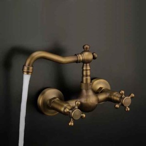 Antique Copper Bathroom Sink Faucet,Wall Mount Two Handles Three Holes Bath Taps with Hot and Cold Switch and Ceramic Valve,Zinc Alloy Handles