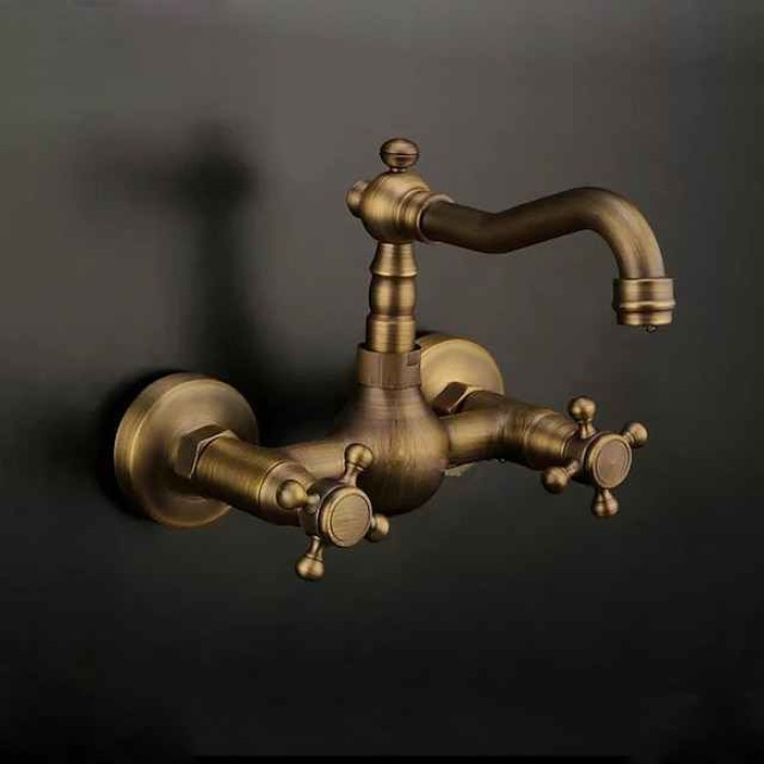 Antique Copper Bathroom Sink Faucet,Wall Mount Two Handles Three Holes Bath Taps with Hot and Cold Switch and Ceramic Valve,Zinc Alloy Handles