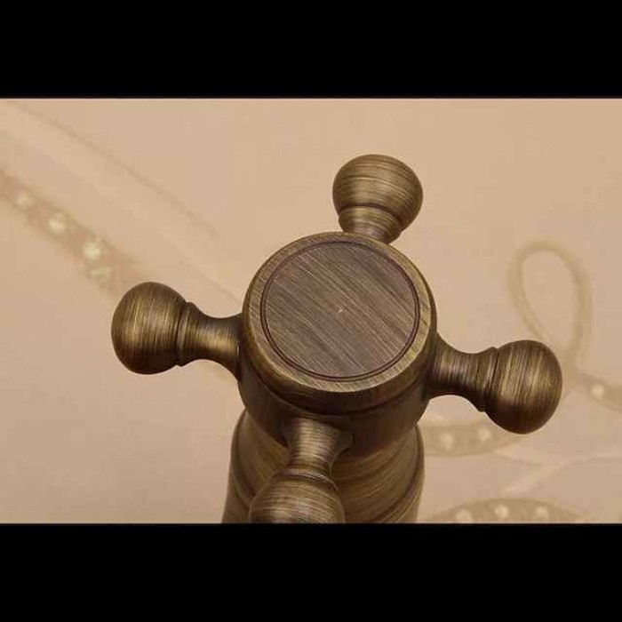 Antique Copper Bathroom Sink Faucet,Wall Mount Two Handles Three Holes Bath Taps with Hot and Cold Switch and Ceramic Valve,Zinc Alloy Handles