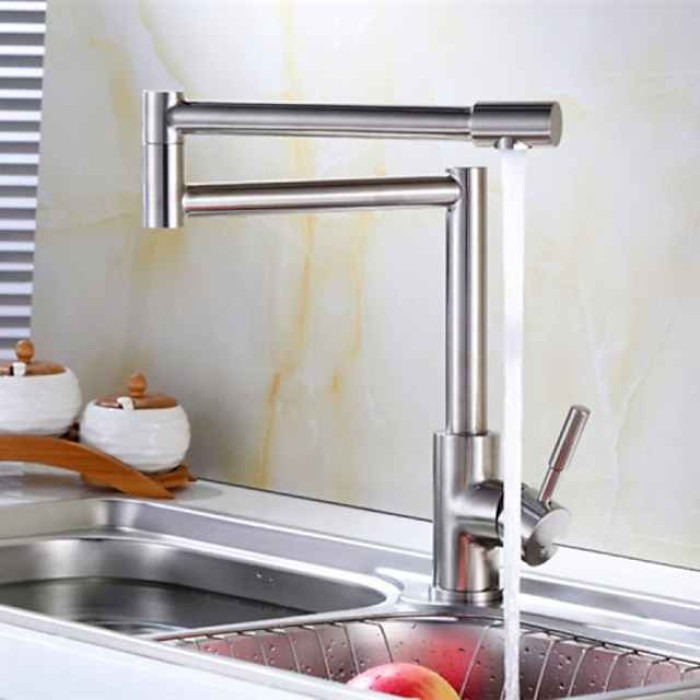 Kitchen Faucet,Modern Style Stainless Steel Single Handle One Hole Brushed Pot Filler Deck Mounted Retro Kitchen Taps With Hot and Cold Water