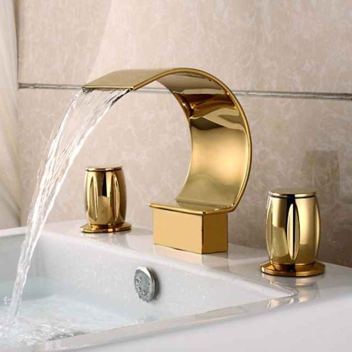 Bathroom Sink Faucet,Elegant Double Handle Arc Waterfall Spout Bathtub Filler Faucet with Three Holes Widespread Bathroom Faucet Gold/Matte Black