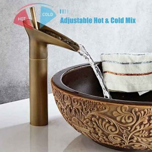 Bathroom Sink Mixer Faucet Waterfall Traditional Antique Brass, Retro Style Washroom Basin Taps Single Handle One Hole Deck Mounted, Monobloc Bathroom Faucet with Hot and Cold Hose