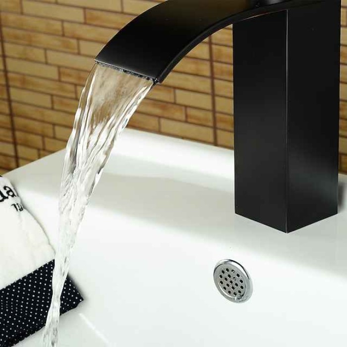 Bathroom Faucet,Oil-rubbed Bronze Waterfall Single Handle One Hole  Bathroom Sink Faucet with Drain and Ceramic Valve,Zinc Alloy Handle and Hot/Cold Switch