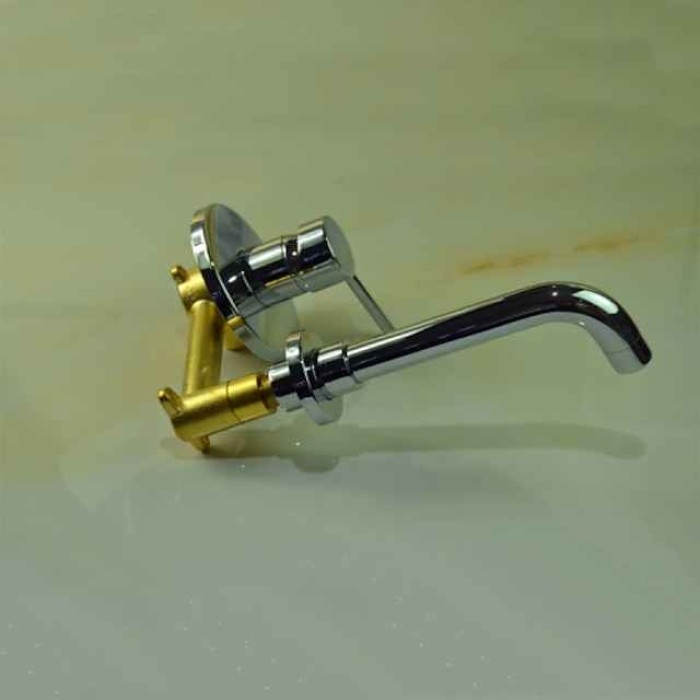 Brass Bathroom Sink Faucet,Silvery Wall Mount Chrome Single Handle Two Holes Bath Taps with Hot and Cold Switch