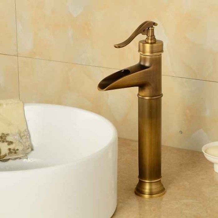 Brass Antique Bronze Bathroom Sink Faucet, Wall Mount Waterfall Single Handle One Hole Bath Taps with Hot and Cold Switch and Ceramic Valve