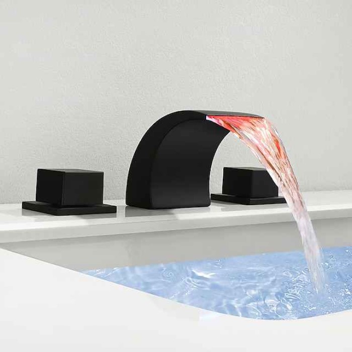 Waterfall Bathroom Sink Faucet LED Light Deck Mounted Brass, Widespread 2 Handle 3 Hole Bath Vessel Taps with Hot and Cold Water Hose