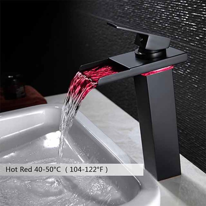 Bathroom Vessel Faucet Tall LED Waterfall Spout 3 Color Changes with Temperature, Sink Mixer Mono Basin Taps, Single Handle One Hole Brass Washroom Vessel Tap Deck Mounted