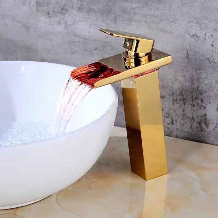 Bathroom Vessel Faucet Tall LED Waterfall Spout 3 Color Changes with Temperature, Sink Mixer Mono Basin Taps, Single Handle One Hole Brass Washroom Vessel Tap Deck Mounted